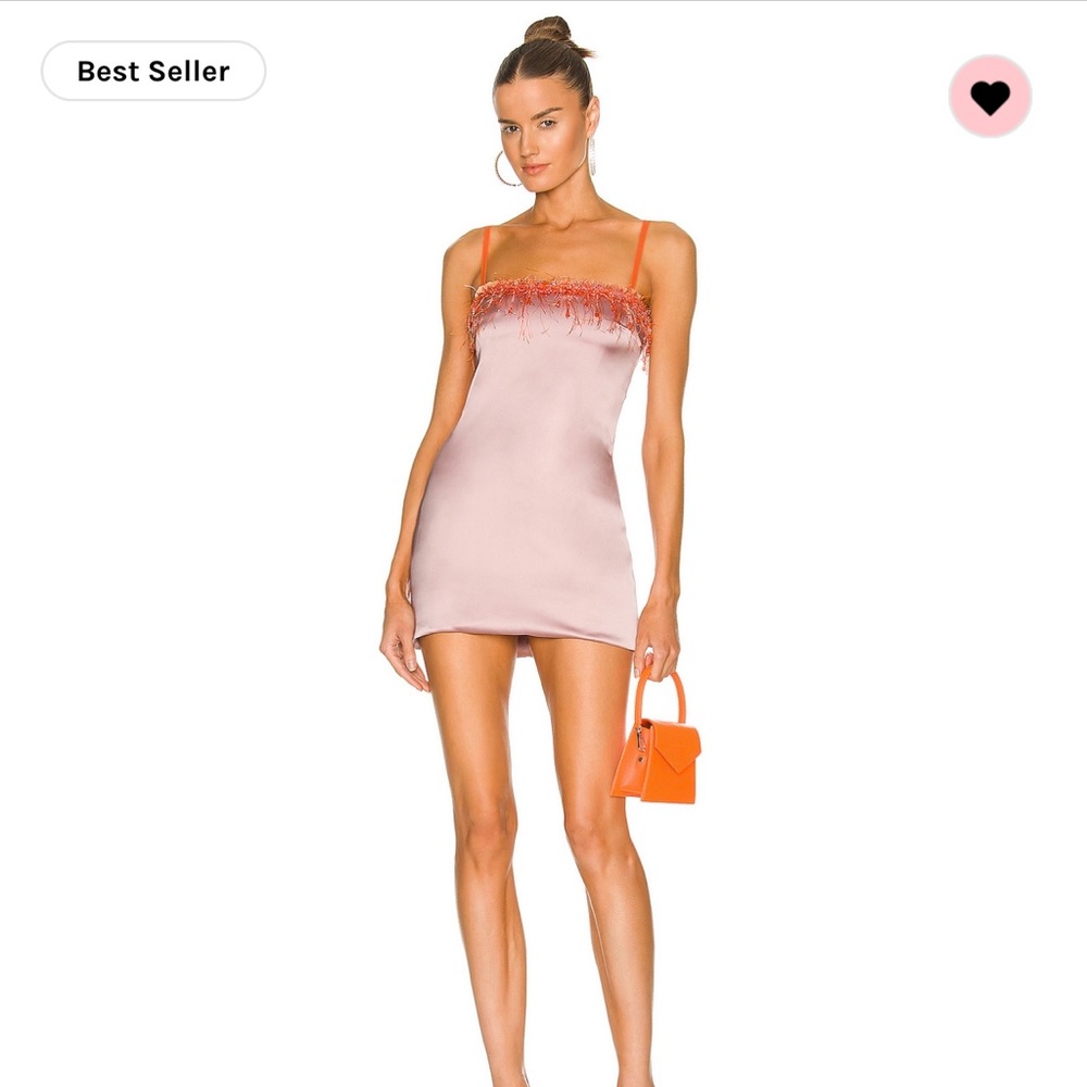 Pink beaded mini dress with orange feather detail, size small, damage in photos